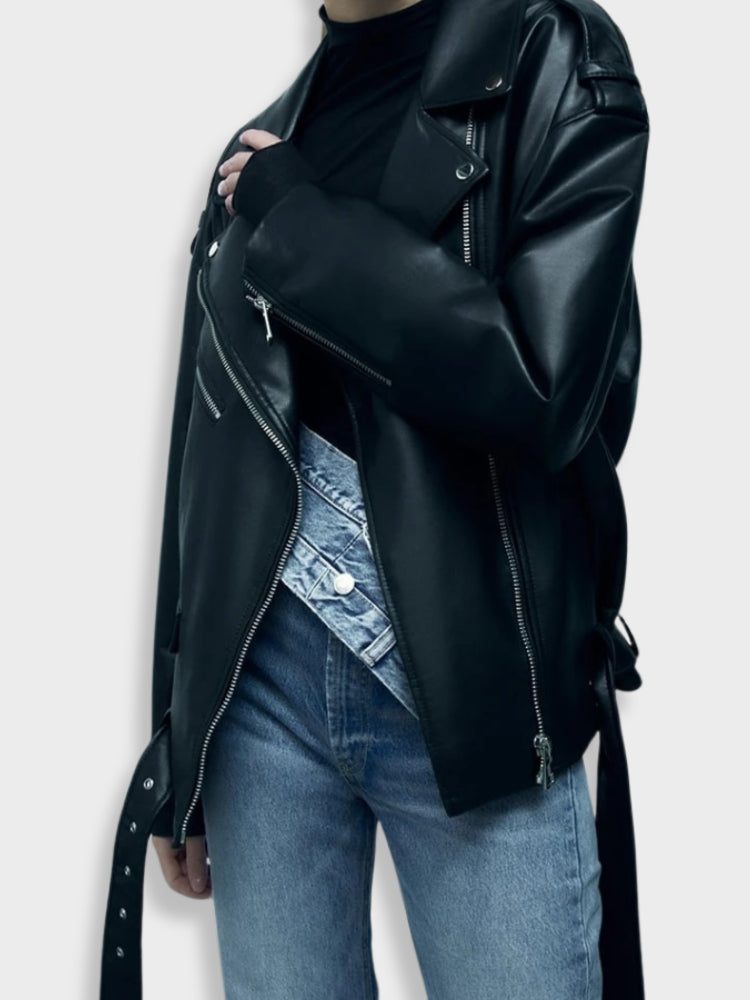 Women's Leather Biker Jacket - Wide Lapel - Asymmetrical Zipper - Belted Fit
