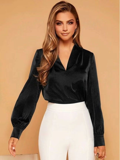 Women's Blouse - V-Neck - Long Sleeve - Lightweight Material - Elegant Fit