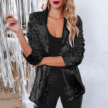 Sequin blazer with lapel collar for women