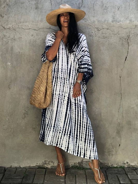 Tie-Dye Wide Sleeve V-Neck Maxi Dress