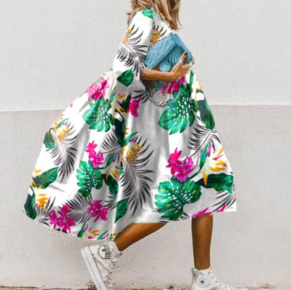 Women's Midi Dress - Oversized Floral Print - Relaxed Fit - Three-Quarter Sleeves