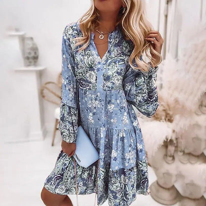 Women's Bohemian Dress - Long Sleeve - Floral Print - Button-Up - Tiered Design