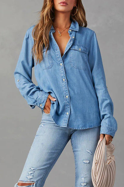Women's Denim Shirt - Button-Up - Long Sleeve - Classic Collar - Casual Fit