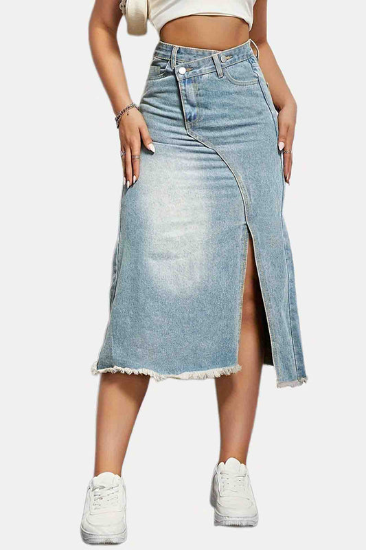 High Waist Frayed Hem Denim Midi Skirt
