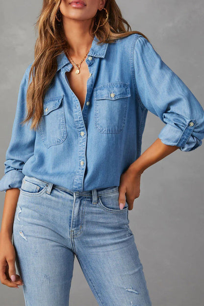 Women's Denim Shirt - Button-Up - Long Sleeve - Classic Collar - Casual Fit