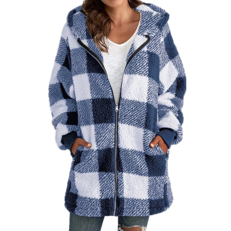 Cute checked teddy hooded jacket with zip closure