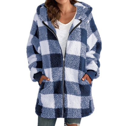 Women’s Fleece Hoodie - Checkered Pattern - Zip Closure - Relaxed Fit - Long Sleeve