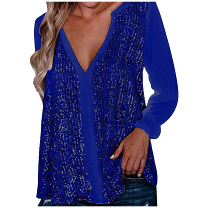 Women's Sequin Blouse - Deep V-Neck - Sheer Long Sleeves - Loose Fit Party Top