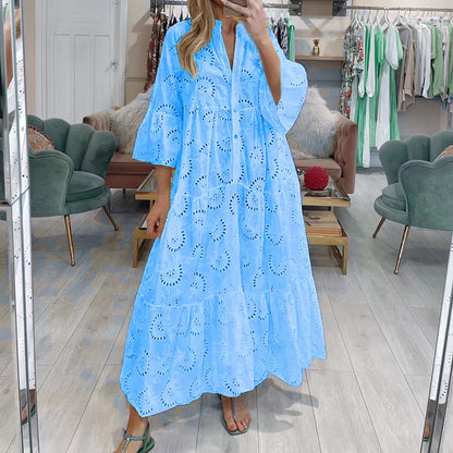 Women's Maxi Dress - Eyelet Lace - V-Neck - 3/4 Sleeve - Flowing Tiered Hem