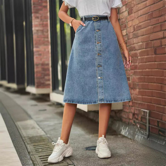 High Waist A-Line Midi Denim Skirt