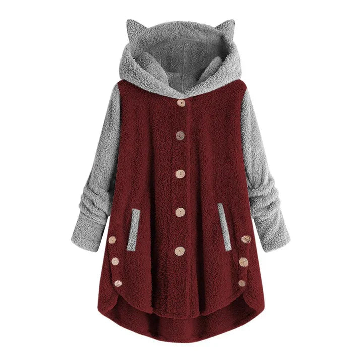 Women's fleece sweatshirt with cat ears and contrasting sleeves