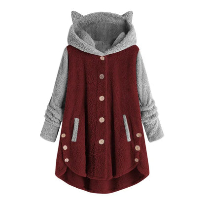 Women's fleece sweatshirt with cat ears and contrasting sleeves