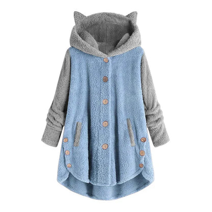 Women's fleece sweatshirt with cat ears and contrasting sleeves