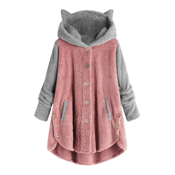 Women's fleece sweatshirt with cat ears and contrasting sleeves