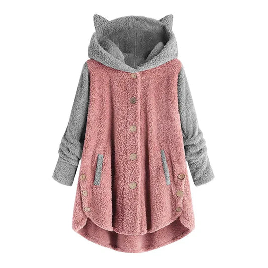 Fleece Cat Ear Contrast Sleeve Sweatshirt