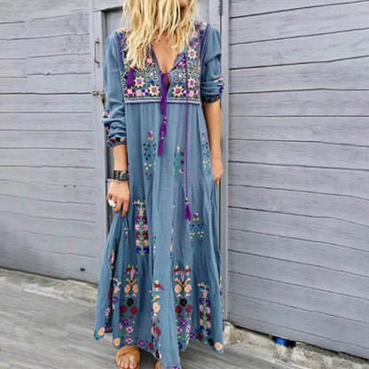 Women’s Maxi Dress – Boho Embroidered – V-Neck with Tassels – Long Sleeve Relaxed Fit