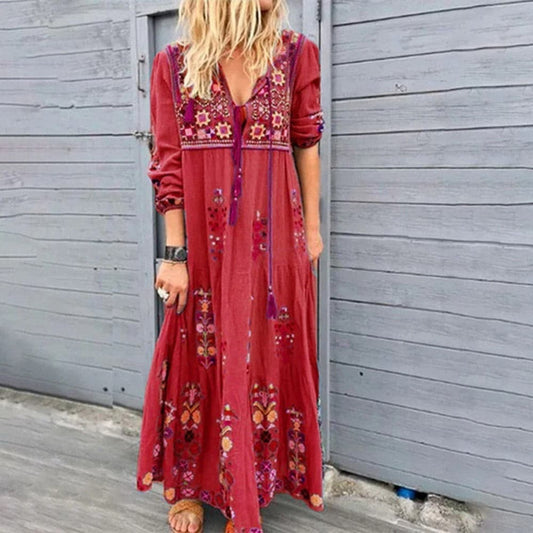 Boho Embroidered Relaxed Fit Maxi Dress