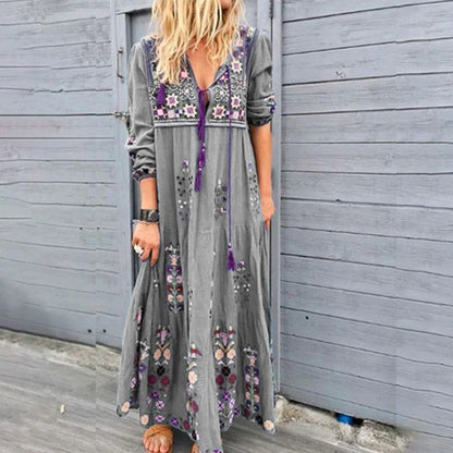 Women’s Maxi Dress – Boho Embroidered – V-Neck with Tassels – Long Sleeve Relaxed Fit