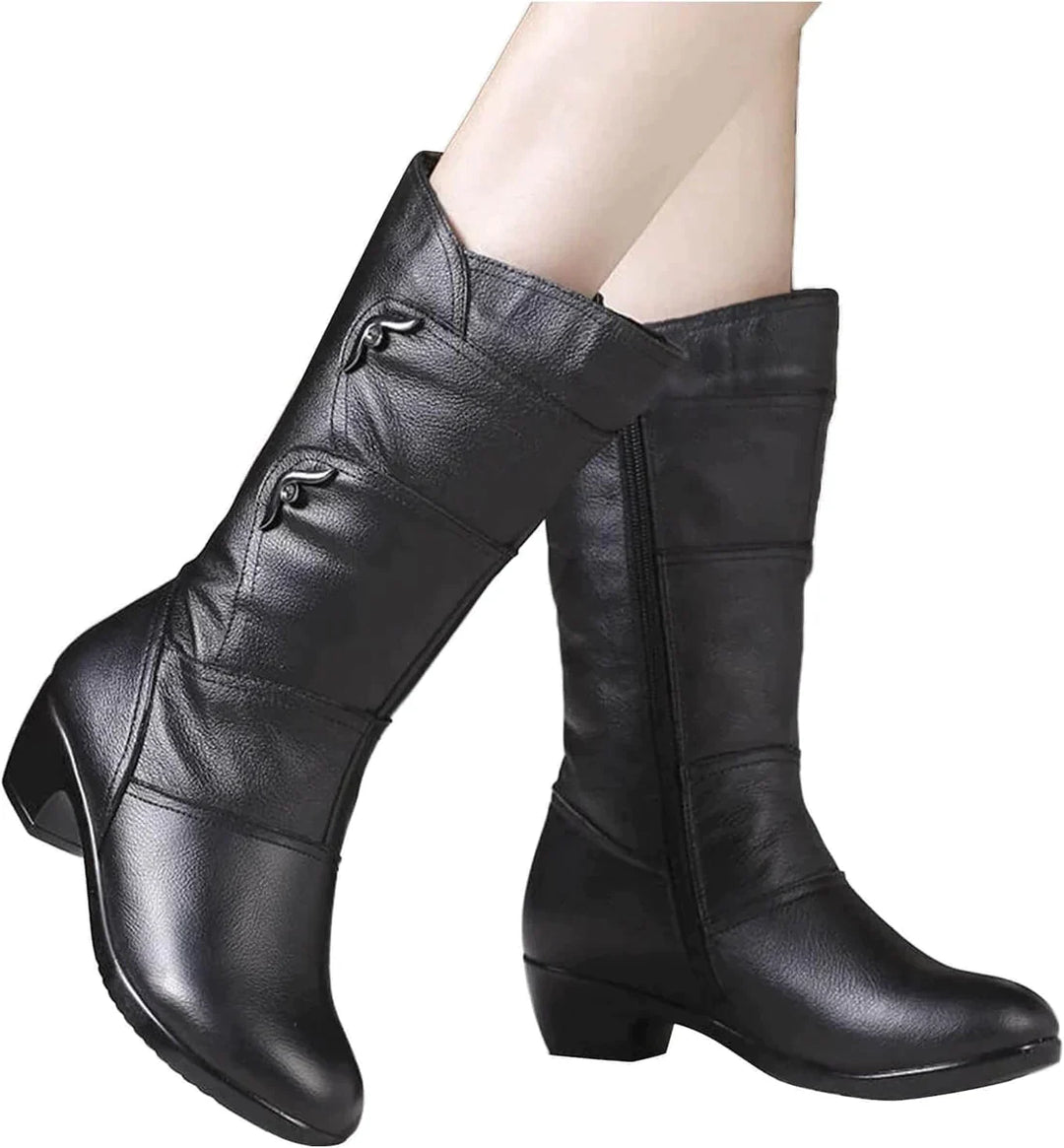 Women’s Mid-Calf Boots – Leather-Like Finish – Side Zip – Low Heel – Tapered Fit