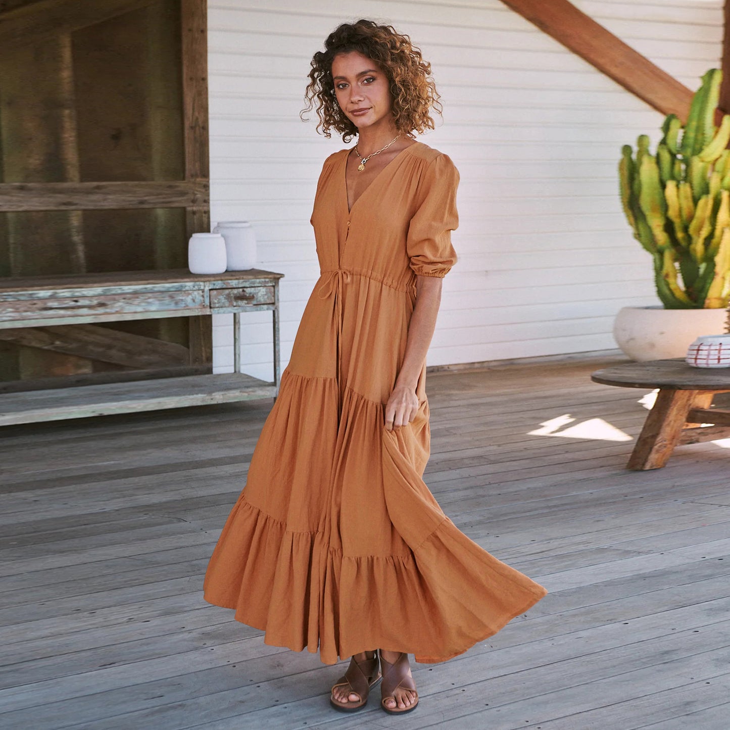 Women's Maxi Dress - V-Neck - Three-Quarter Sleeve - Button Front - Flowy A-Line Fit