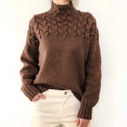 Women's high collar cable knit long sleeve sweater
