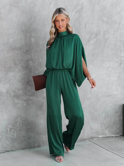 Women's Jumpsuit - High Neck Pleated - Cinched Waist - Wide Leg Flowing Sleeves