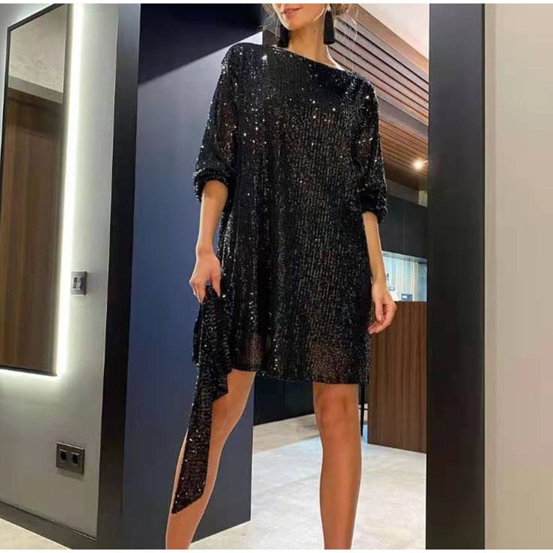 Women's Sequin Mini Dress - Long Sleeve - Round Neck - Belted Waist - Party Wear