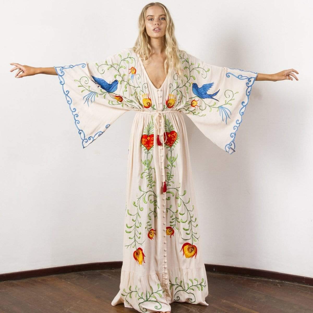 Women's Maxi Dress - Embroidered Boho Style - V-Neck - Kimono Sleeves - Ruffled Hem