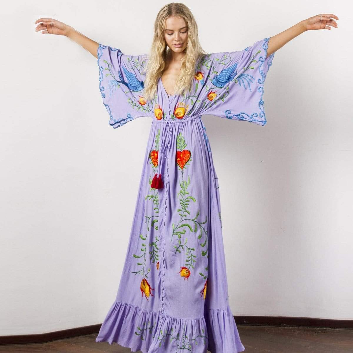 Women's Maxi Dress - Embroidered Boho Style - V-Neck - Kimono Sleeves - Ruffled Hem