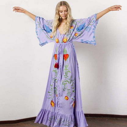 Women's Maxi Dress - Embroidered Boho Style - V-Neck - Kimono Sleeves - Ruffled Hem
