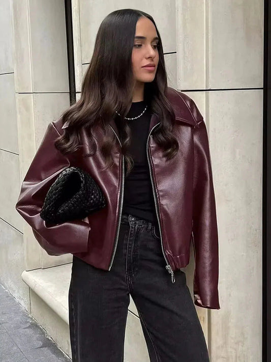 Relaxed Fit Leather Zip Front Jacket 