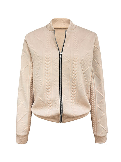Women's Bomber Jacket - Quilted Knit Texture - Fitted Ribbed Cuffs - Zip Closure