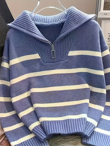 Striped quarter-zip pullover sweater with ribbed collar for women