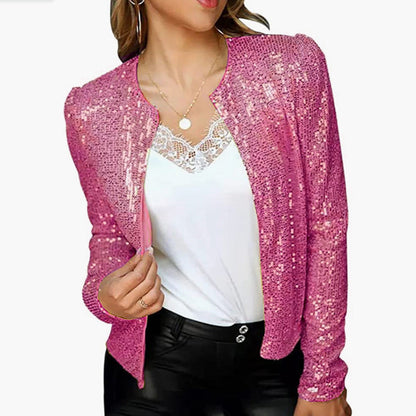 Women's Sequin Jacket - Fitted Silhouette - Collarless Design - Long Sleeve Party Wear