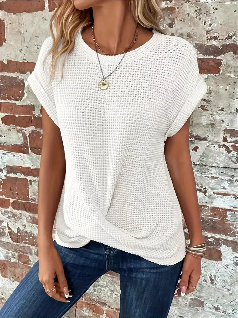 Women's Casual Top - Waffle Knit - Short Sleeve Rolled Cuff - Round Neck Relaxed Fit