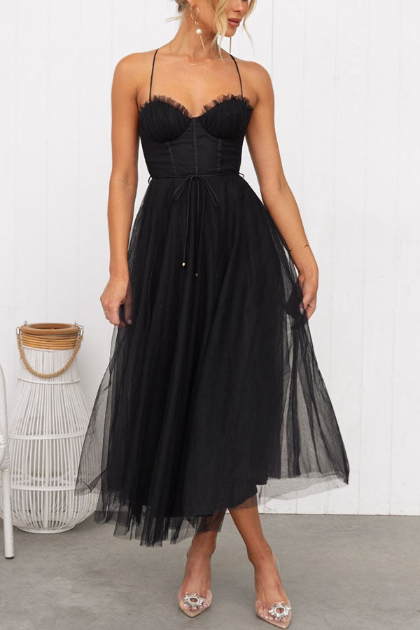 Women's Tulle Maxi Dress - Spaghetti Straps - Fitted Bodice - Layered Flowing Skirt