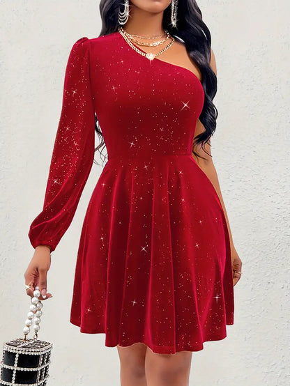 Women's One-Shoulder Dress - Embellished Shimmer - Long Sleeve Elegant Evening Wear