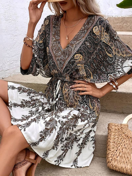 Paisley Print Flowy Boho Knee-Length Dress