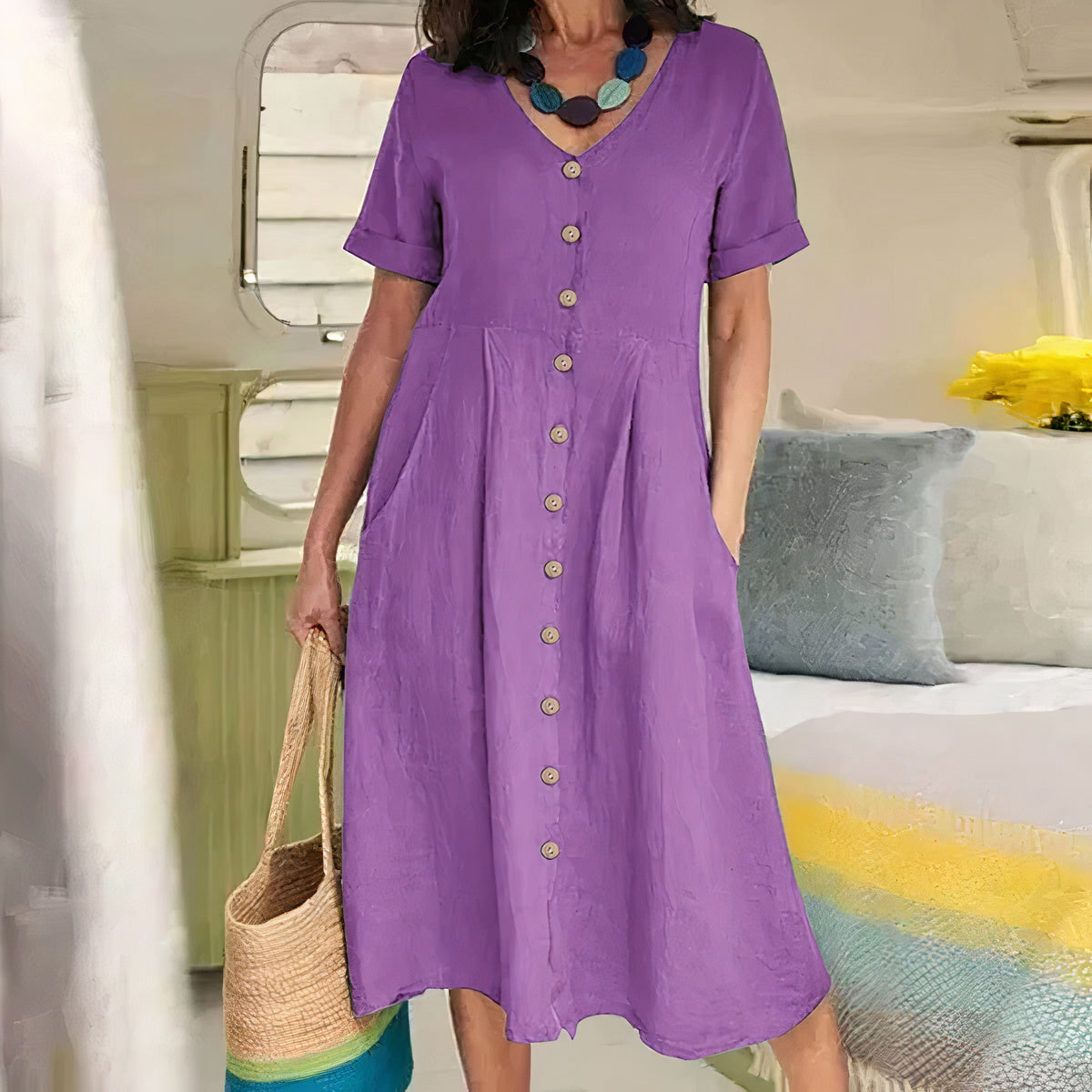 Women's Dress - Cotton Linen Blend - V-Neck Button Front - Short Sleeve Flared Fit