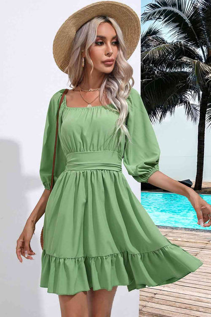 Women's A-Line Dress - Square Neck - 3/4 Sleeve - Ruched Bodice - Tiered Hem