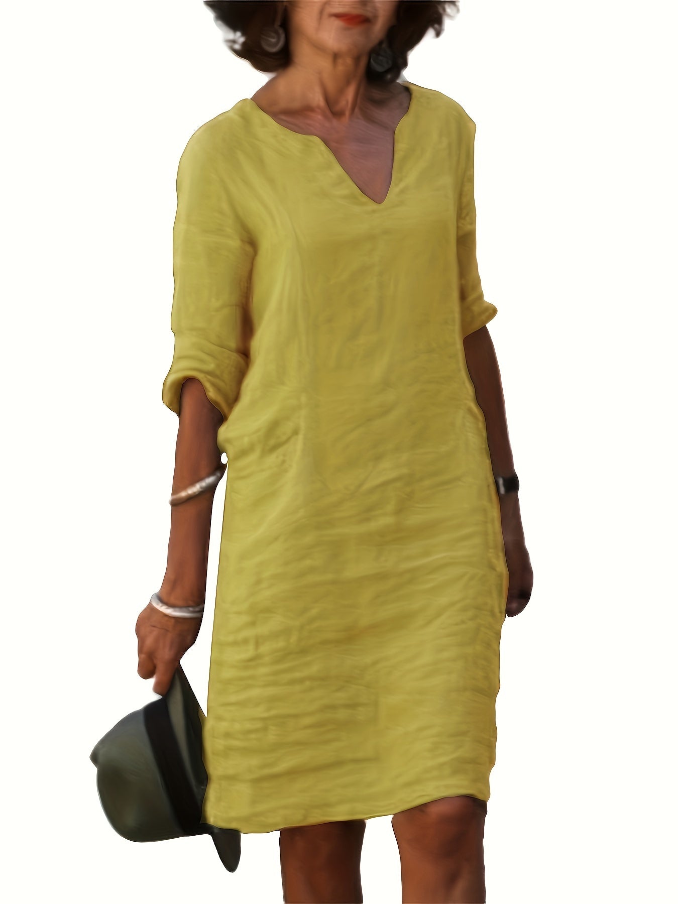 Women's V-Neck Shift Dress - Knee-Length - 3/4 Sleeve Relaxed Fit Casual Wear