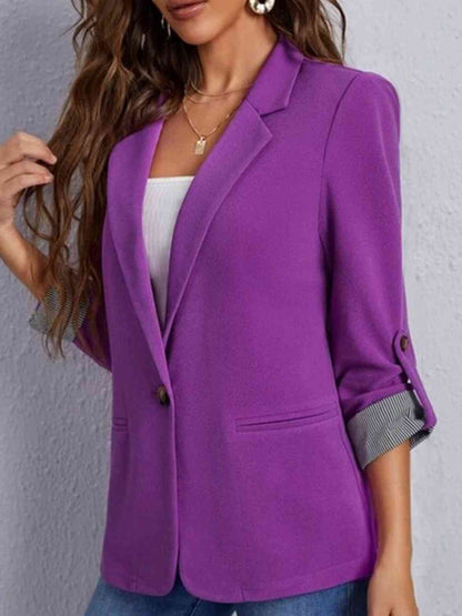 Women's Tailored Blazer - Notched Lapel - Three-Quarter Roll-Tab Sleeves - Open Front
