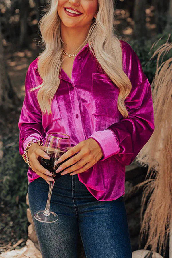 Women's Velvet Shirt - Button-Up - Long Sleeve - Relaxed Fit - Soft & Luxe Texture