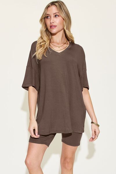 Women's v-neck drop shoulder short sleeve t-shirt and shorts set