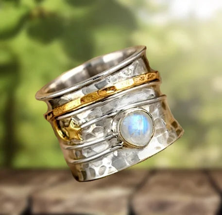 Star and moon moonstone spinner ring