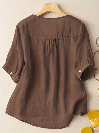 Women's V-Neck Blouse - Embroidered Detail - Short Sleeve - Lightweight & Flowy