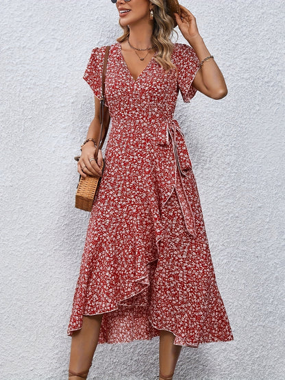 Women's Wrap Dress - Floral Print - V-Neck - Short Ruffle Sleeves - Midi Length