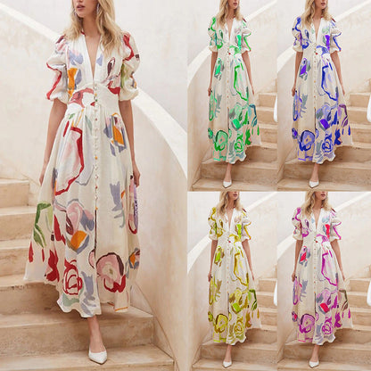 Women's Maxi Dress - V-Neck Button-Down - Puff Sleeve A-Line Flowy Print