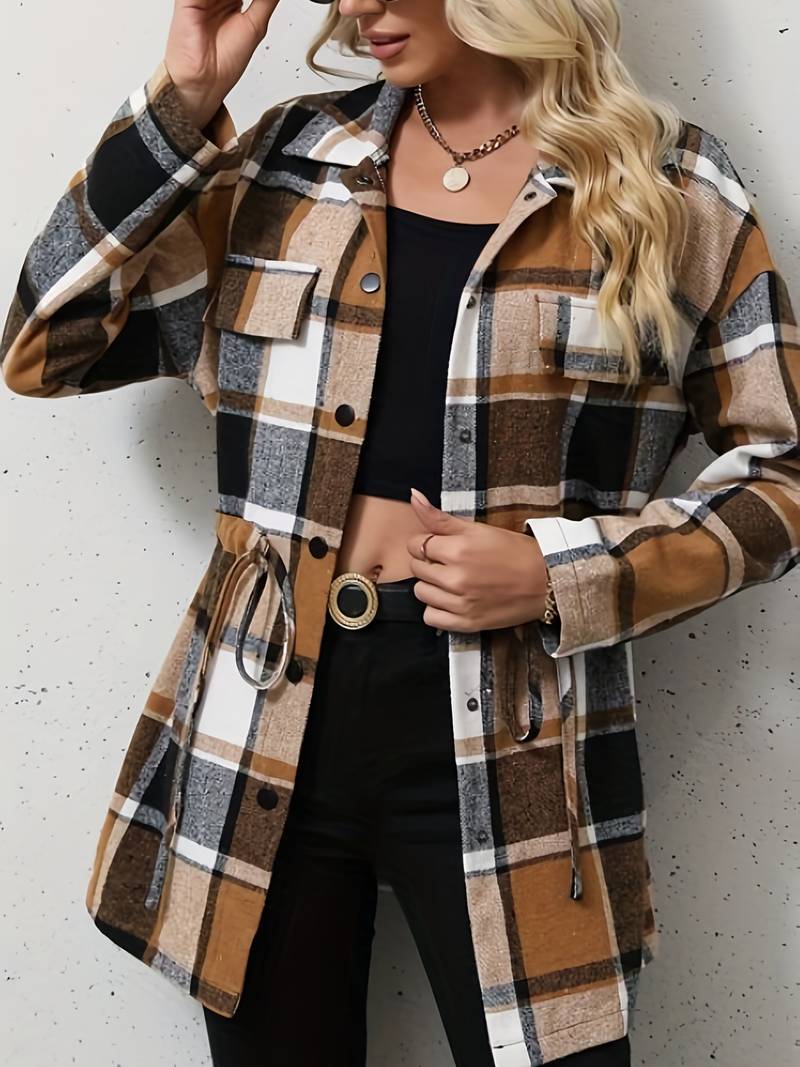 Women's Shacket - Plaid Longline - Button Down - Drawstring Waist - Casual Fit