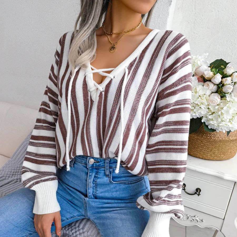 Women’s Knit Sweater - V-Neck Lace-Up - Long Sleeve - Striped Relaxed Fit Casual Wear